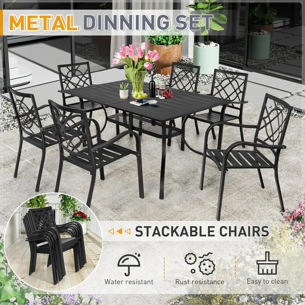 SUNCROWN Outdoor Patio 5/7 Piece Steel Dining Sets Metal Slatted Table and Stackable Chairs Powder Coated Frame