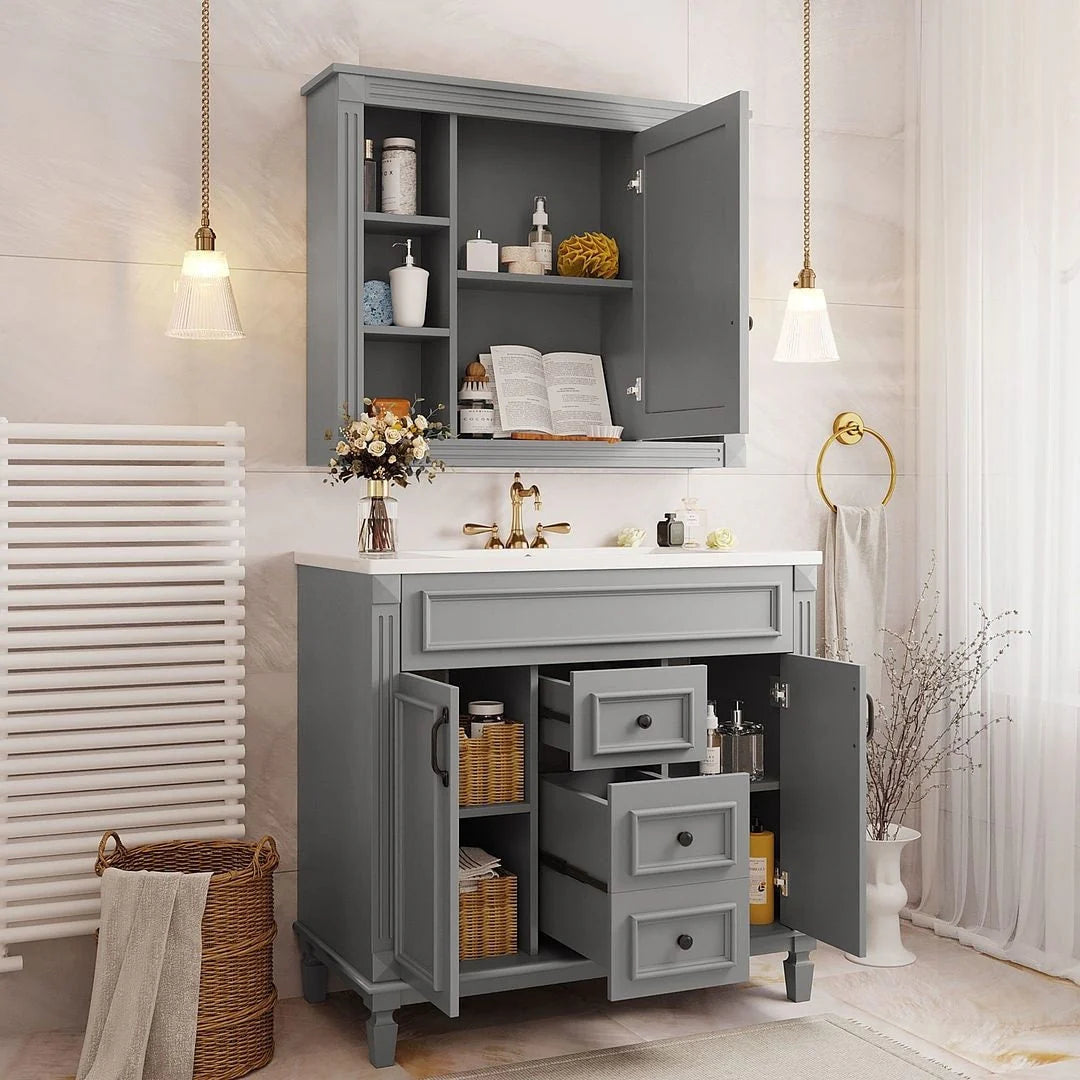 Moderne badkamermeubelset van 36 inch met wastafelblad, spiegelkast, 2 deuren en 2 laden