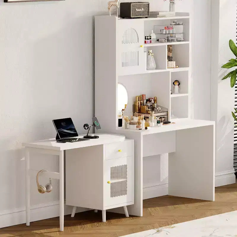 Okak moderne houten bureau voor kantoor aan huis met bureaublad, stoel en boekenkast, opbergbureau voor tieners en studenten om te studeren en schrijven, voor studie en kantoor