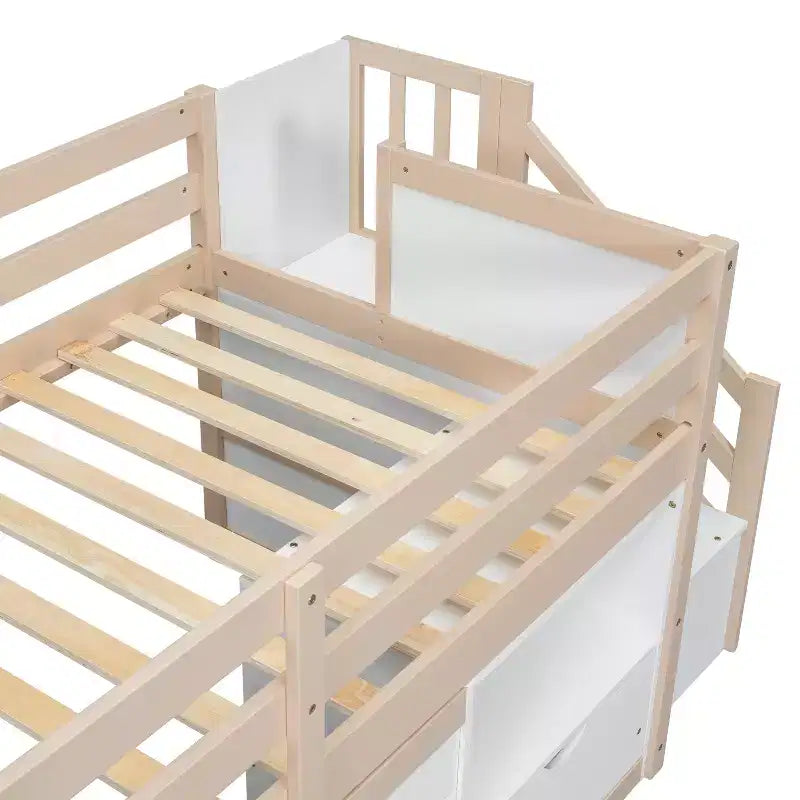 Cama baixa tipo loft individual em madeira maciça, 94.6L x 42.3W, com escada, gaveta e prateleira, design moderno e simples
