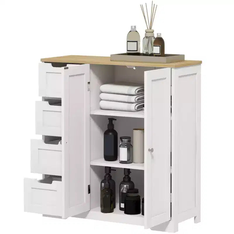 Armário de chão para casa de banho HOMCOM com prateleira ajustável, armário de arrumação independente para casa de banho com 4 gavetas e 2 portas, branco