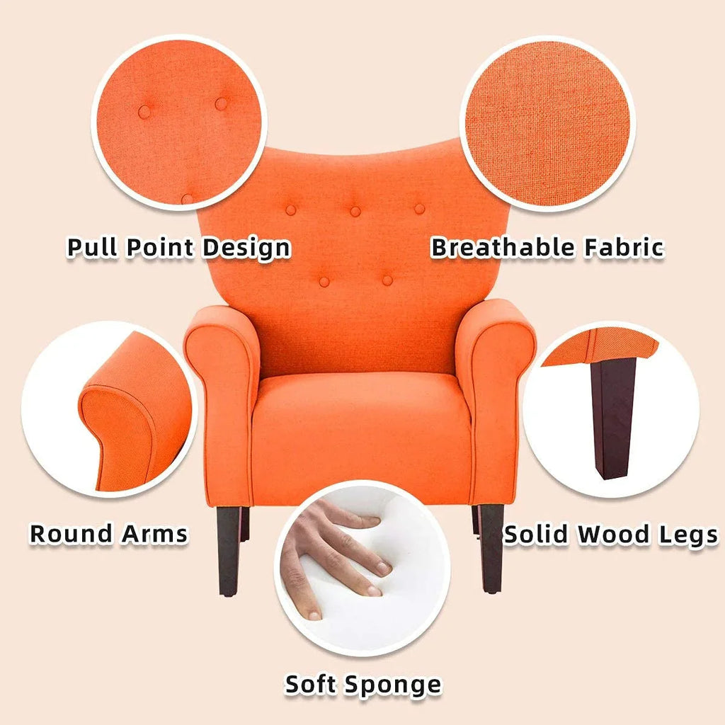 Fauteuil d’appoint moderne Erommy, fauteuil à dossier haut, canapé une place en tissu rembourré avec boutons et pieds en bois pour le salon