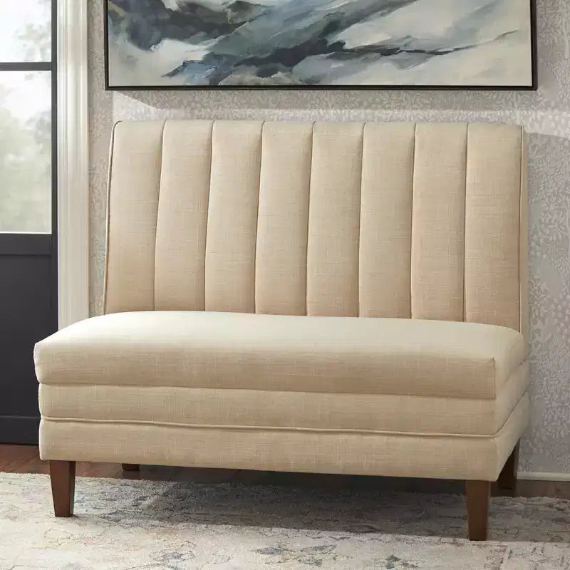 Conjunto de jantar banquette Kerrington de 4 peças Lifestorey, com encosto canelado, nogueira/creme: tecido com aspeto de linho, mesa com pé central