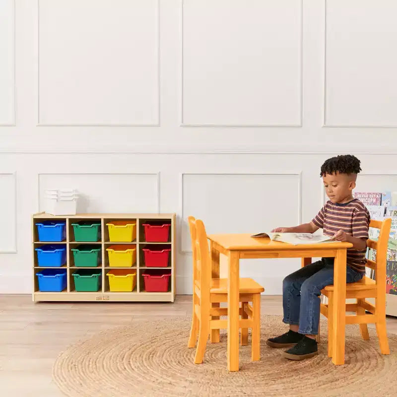 Armário móvel com tabuleiros e 15 compartimentos frontais tipo concha, 3x4, mobiliário infantil