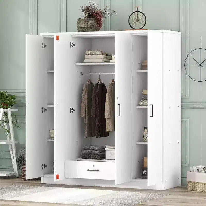 Guarda-roupa de madeira com 4 portas, varão para cabides, 1 gaveta e prateleiras de arrumação