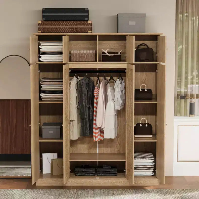 Armário roupeiro alto de 70.87, com 8 portas e grande capacidade, varão para roupa, prateleiras ajustáveis e portas decorativas em vime