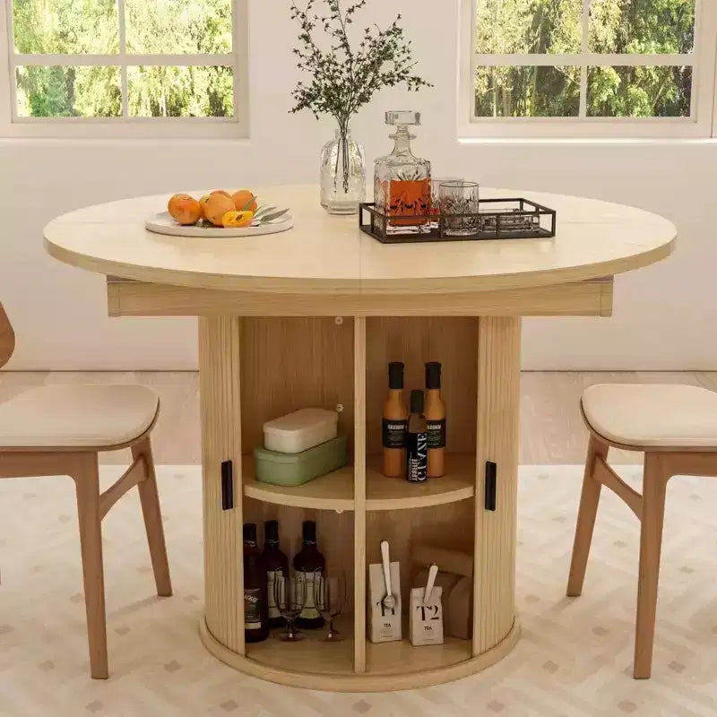 Mesa de cozinha e sala de jantar redonda extensível Dyonery 63 com prateleira de arrumação de 2 níveis, base pedestal, mobiliário de jantar em madeira oval circular, nogueira