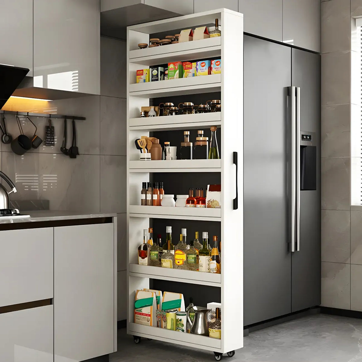 Credenza moderna in legno con ripiani aperti e rotelle