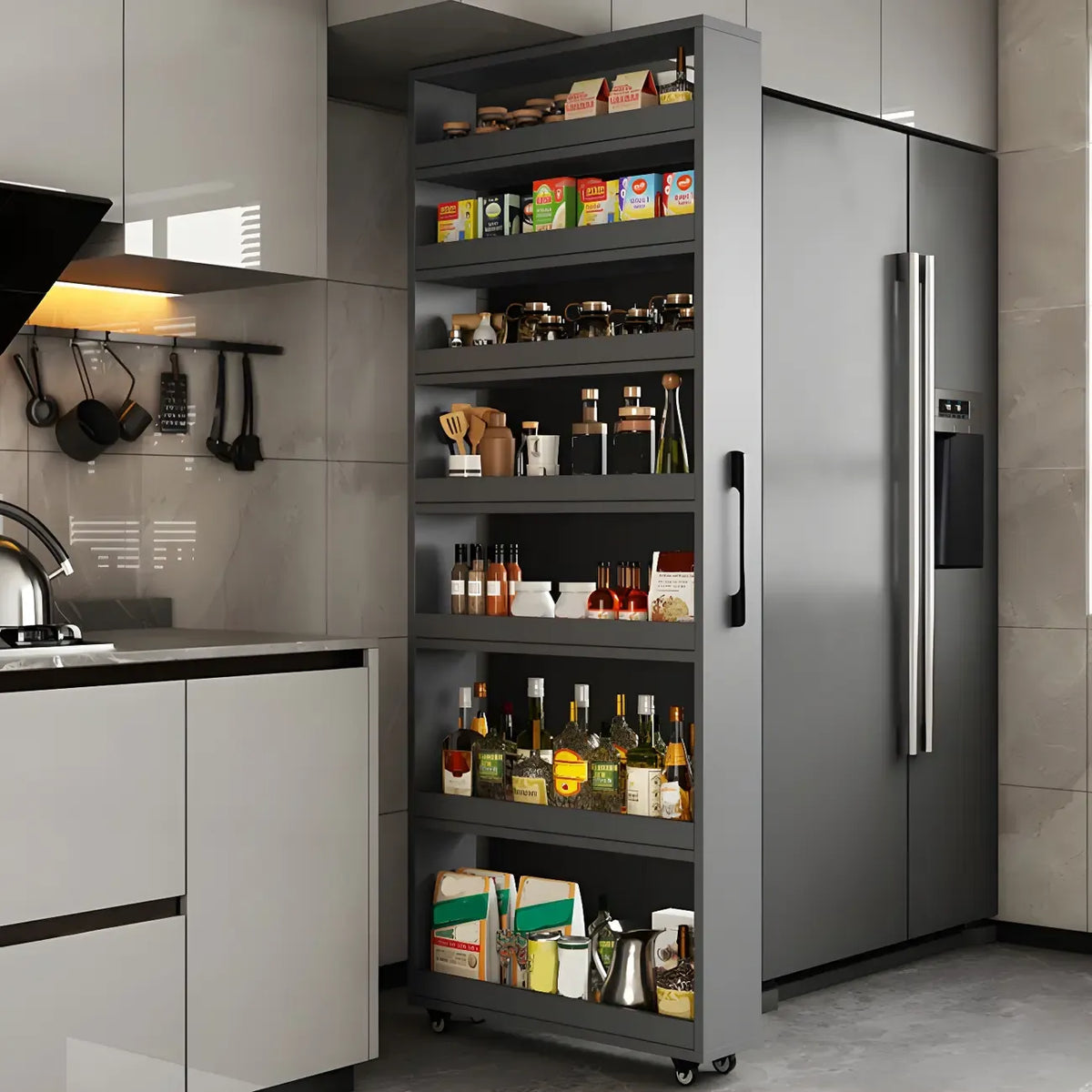 Credenza moderna in legno con ripiani aperti e rotelle