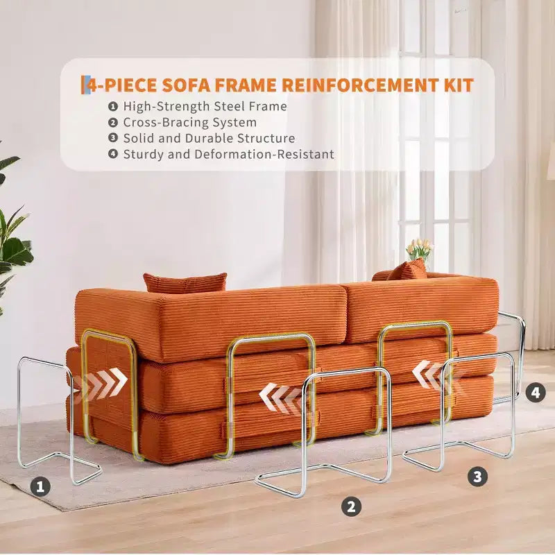 Sofá-cama, colchão dobrável 5-em-1 de 78.8, sofá/canapé, estrutura de aço de formato fixo, bombazina com almofadas