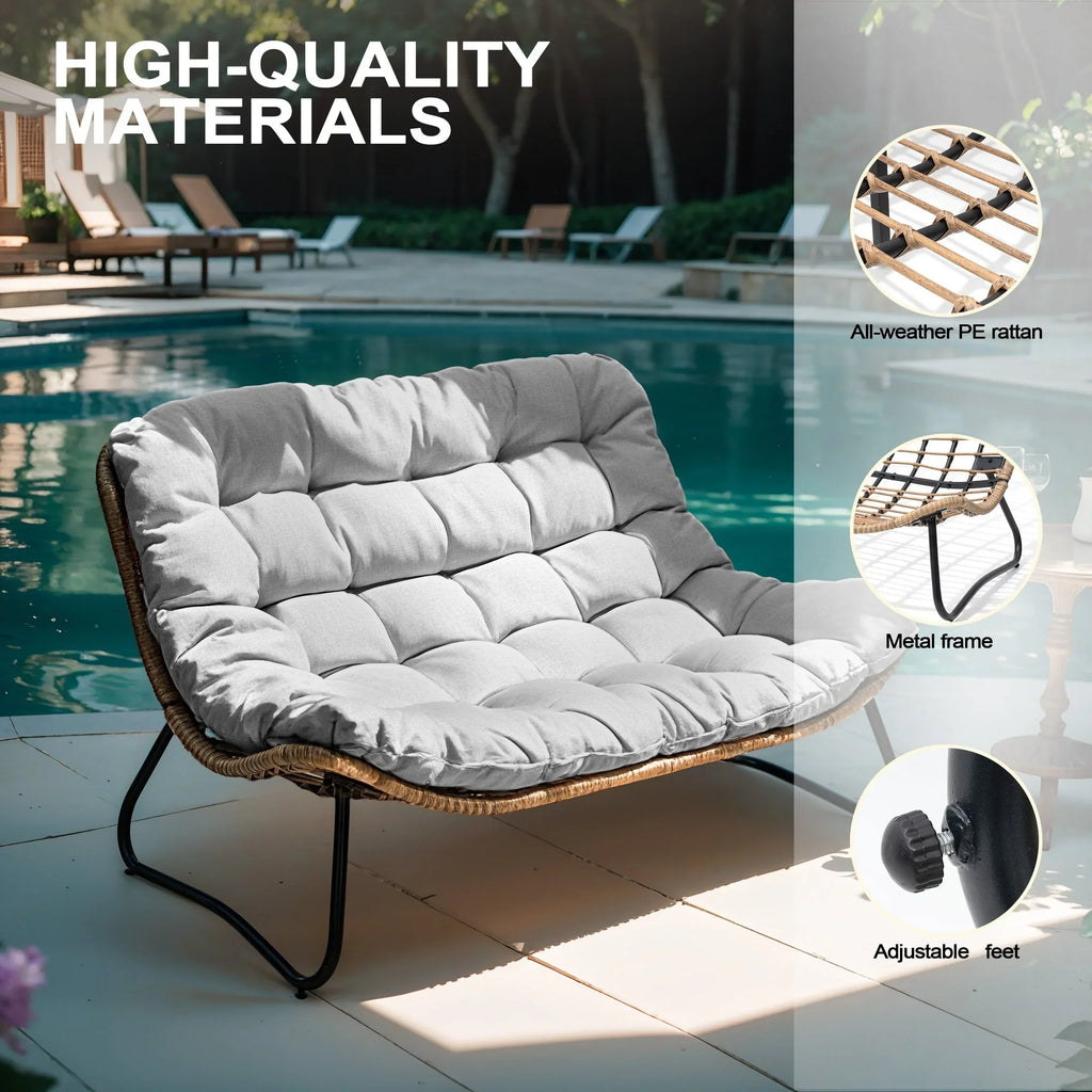Doppelter Papasan-Sessel als Loveseat mit Kissen, wetterfestes PE-Rattan und Metallgestell für drinnen und draußen