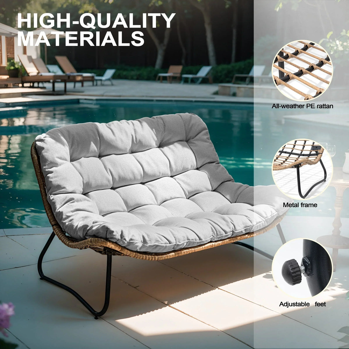 Doppelter Papasan-Sessel als Loveseat mit Kissen, wetterfestes PE-Rattan und Metallgestell für drinnen und draußen