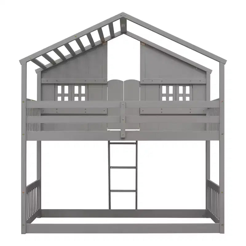 Cama alta de tamanho Twin em forma de casa, cama alta de madeira tipo casinha com escada e barreiras de proteção para crianças