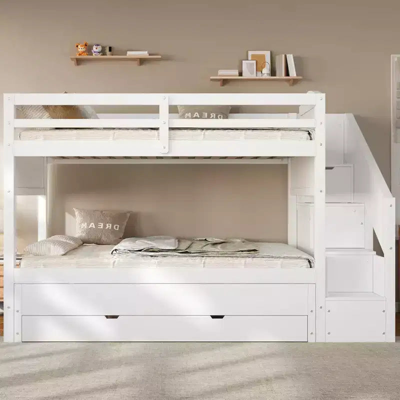 Estrutura de beliche Whisen Twin XL com cama auxiliar, beliche com arrumação, madeira maciça, escada com arrumação, roupeiro e 3 gavetas, para crianças