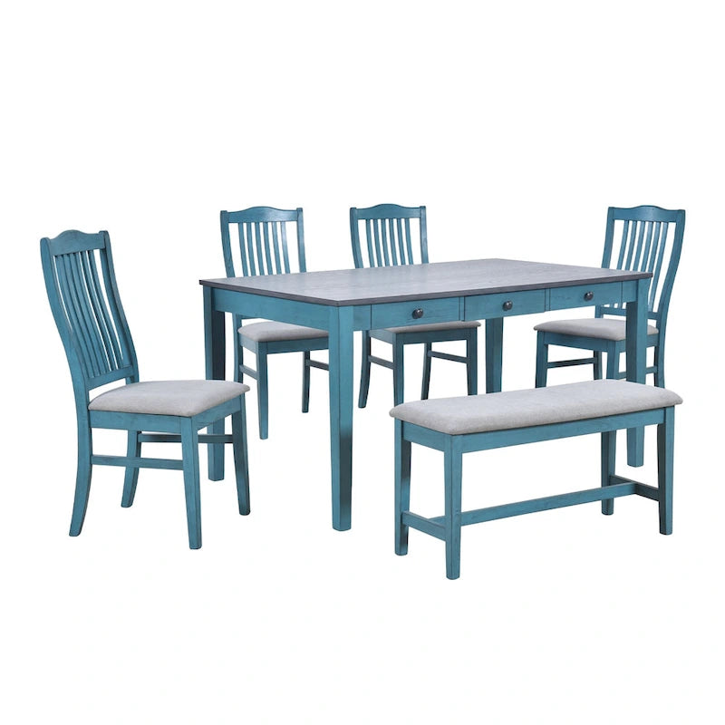 6-teiliges Esszimmer-Set aus Holz mit 4 Stühlen und Bank, Tisch mit Schublade