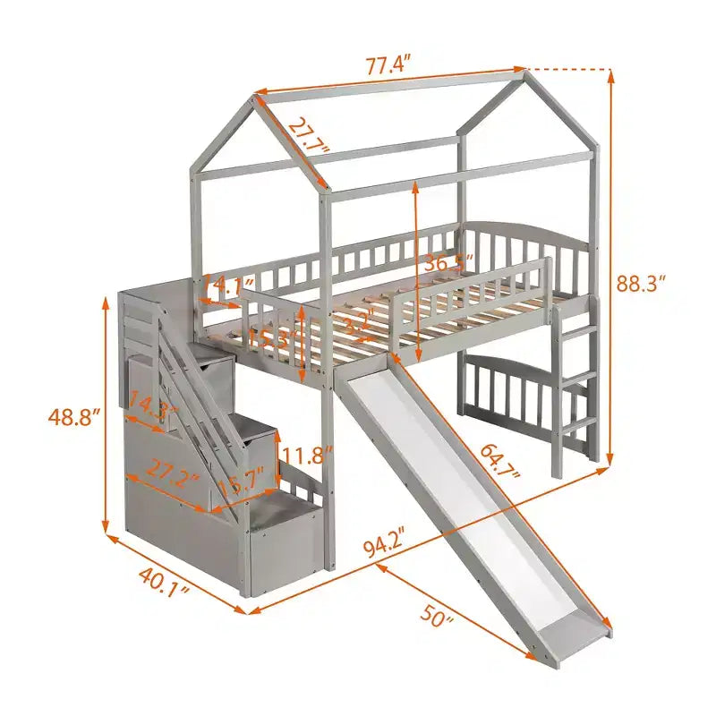 Cama alta tipo casa Twin com escorrega e escadas, cama alta com gavetas de arrumação, cama alta de madeira tipo cabana para crianças e bebés