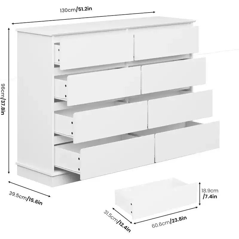 Meuble de rangement à 8 tiroirs, commode à tiroirs profonds, grande armoire à plateau large pour le salon, le couloir ou la chambre d’enfant