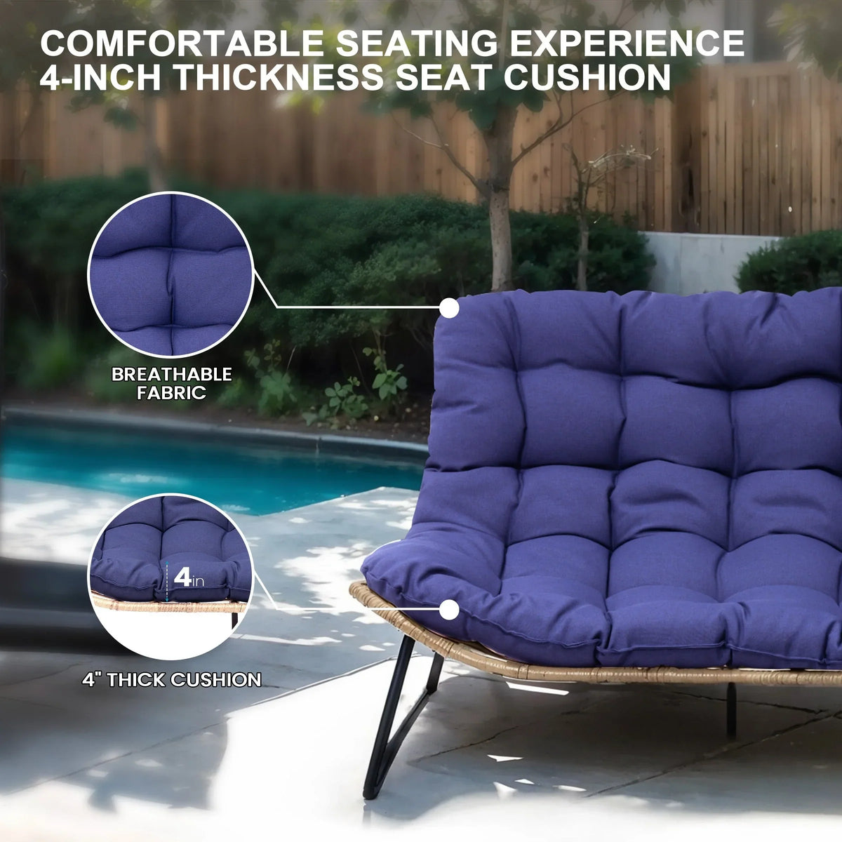 Doppelter Papasan-Sessel als Loveseat mit Kissen, wetterfestes PE-Rattan und Metallgestell für drinnen und draußen