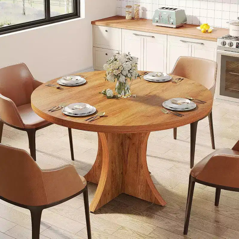 Table à manger ronde Lantine de 47,24 pouces pour 4 à 6 personnes, table de cuisine de style campagne avec pied central, petite table de repas pour salle à manger ou salon, marron