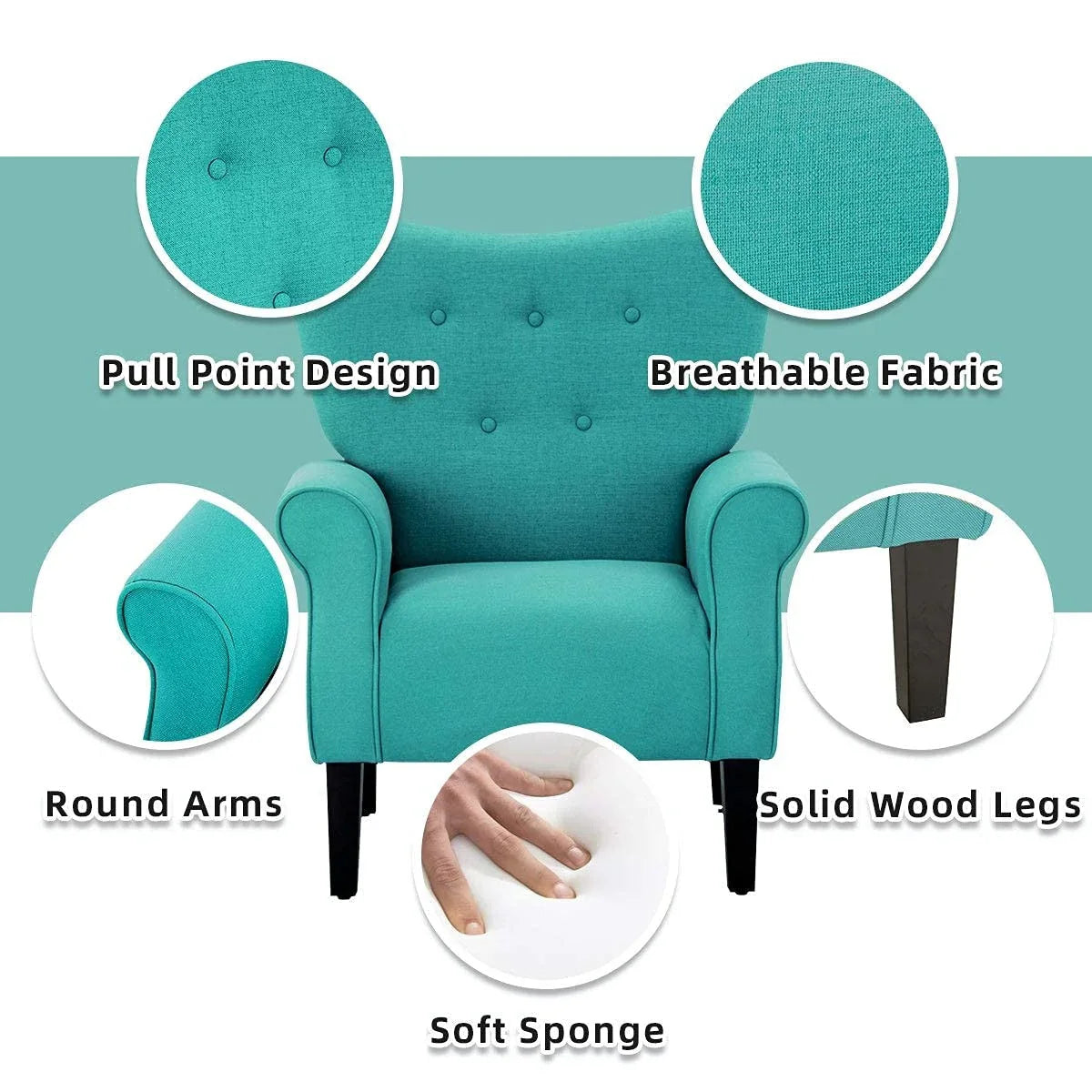 Fauteuil d’appoint moderne Erommy, fauteuil à dossier haut, canapé une place en tissu rembourré avec boutons et pieds en bois pour le salon