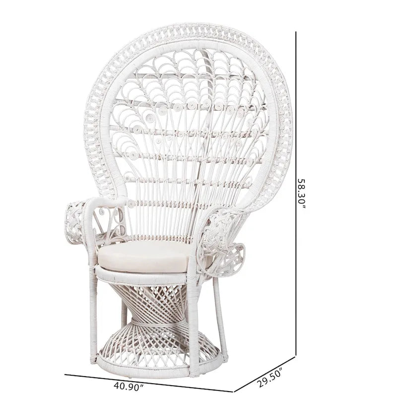 Chaise paon Kallima moderne bohème en rotin naturel blanc