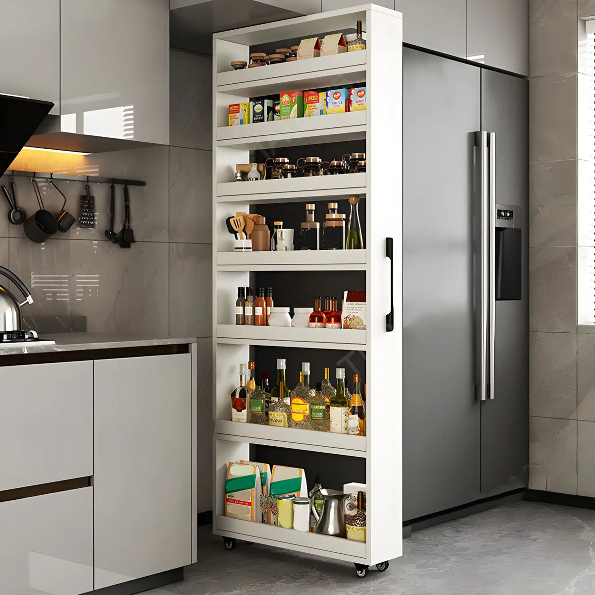 Credenza moderna in legno con ripiani aperti e rotelle