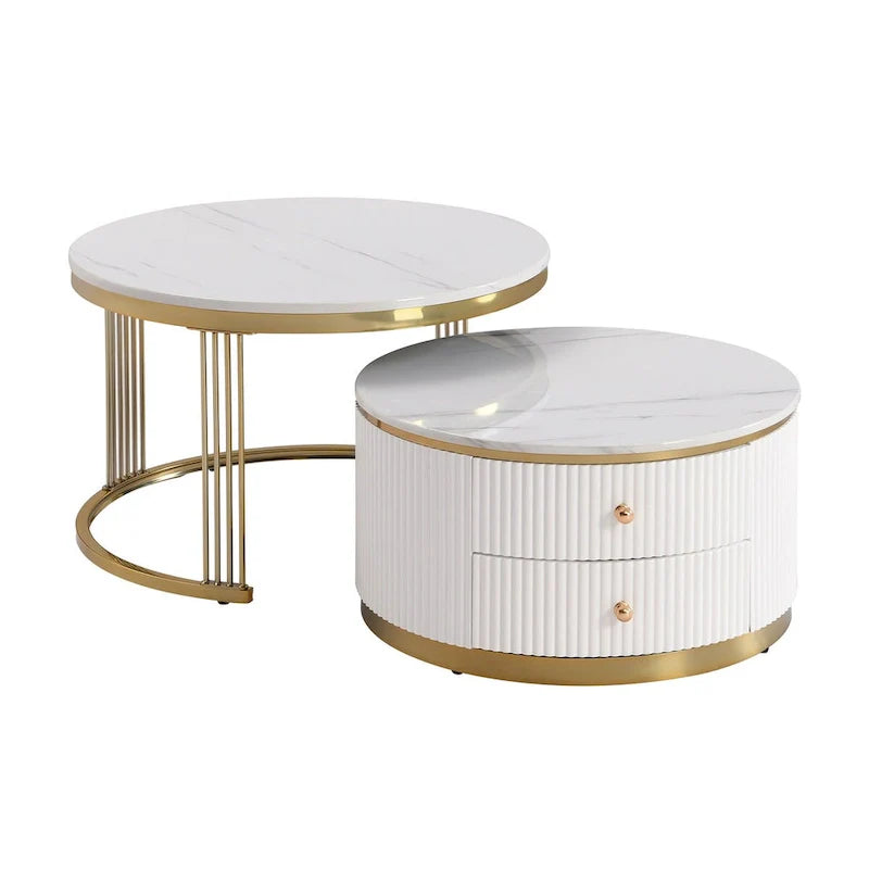 2 Pieces White Round Nesting Coffee Table with Drawers