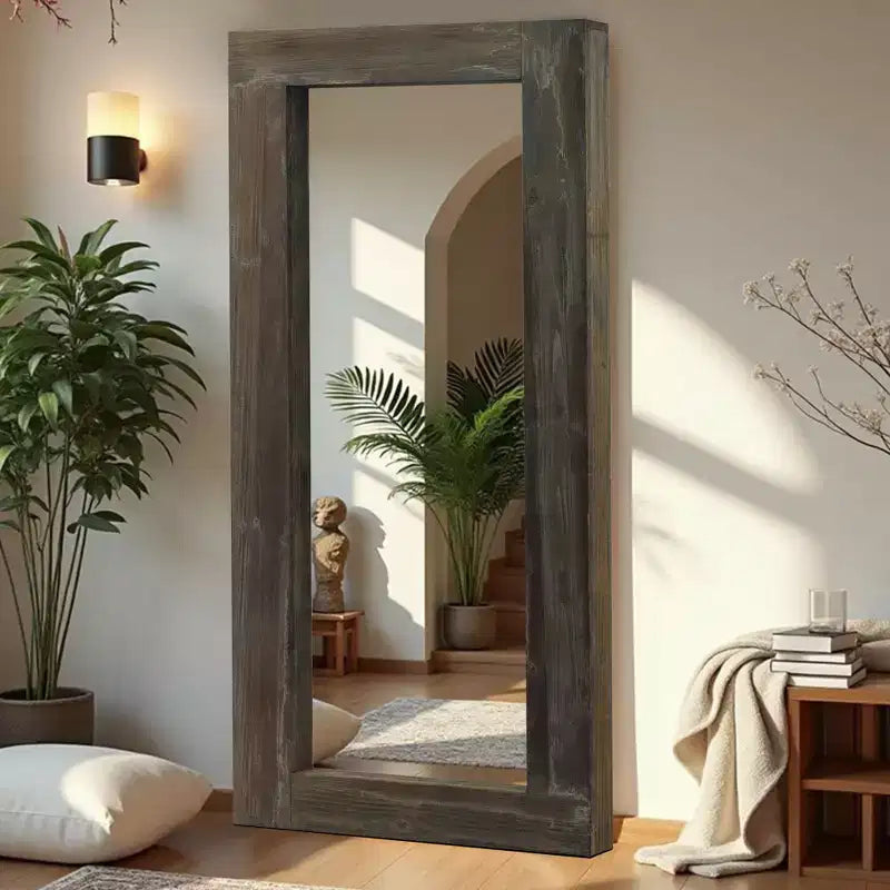 Specchio a figura intera rettangolare ad angolo retto da 71 x 31 pollici in legno massello marrone effetto usato (senza staffa)