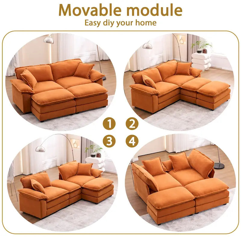 Canapé 2 places avec 2 coussins, 2 oreillers et 2 poufs, canapé confortable – canapé profond modulable pour le salon