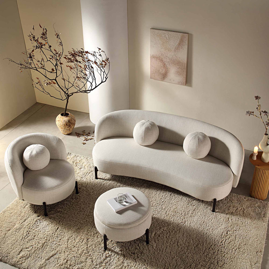 Canapé incurvé 3 places avec coussins ronds, mélange de lin beige