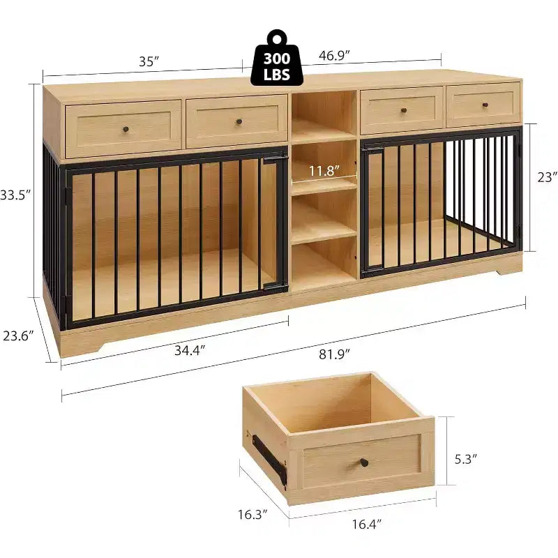 82 Casota de mobiliário para dois cães, canil grande para interior, casota de madeira resistente para 2 cães com suporte para TV, 4 gavetas e prateleiras