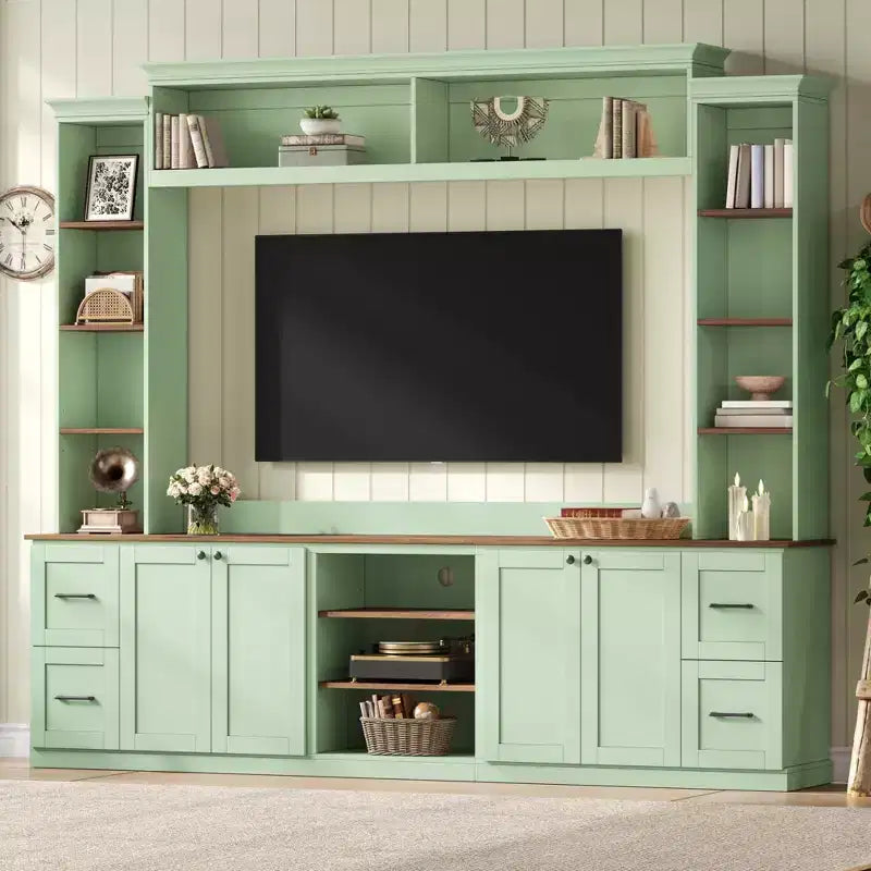 Unità a parete centro d'intrattenimento in stile rustico ModernLuxe 4-in-1, adatta a TV fino a 70, mobile TV e console multimediale con ripiani e cassetti regolabili