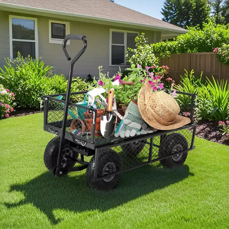 Carroça de jardim em aço resistente, 500 Lbs, carroça utilitária dobrável com laterais e revestimento em rede removíveis, 10 pneus pneumáticos, pega de puxar