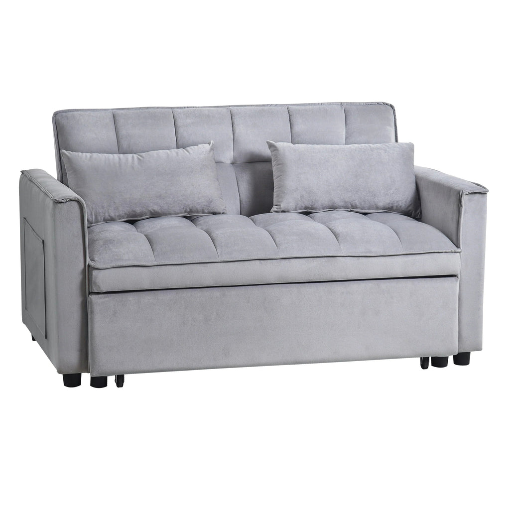 Sofá-cama moderno extensível, sofá-cama 3-em-1 com encosto ajustável, sofá de dois lugares em veludo, almofadas e bolsos laterais