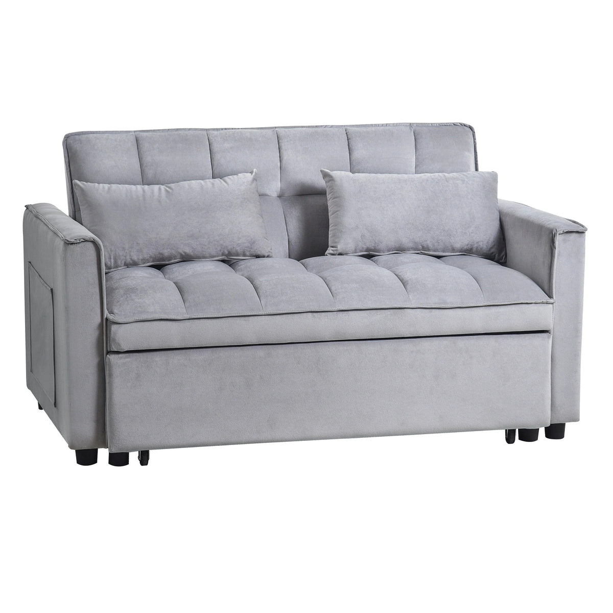 Sofá-cama moderno extensível, sofá-cama 3-em-1 com encosto ajustável, sofá de dois lugares em veludo, almofadas e bolsos laterais