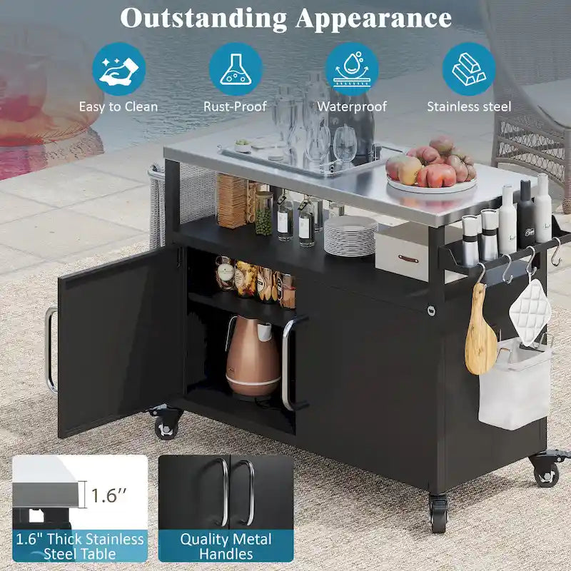 Ilha de cozinha exterior com tampo em aço inoxidável, mesa carrinho para grelhador em metal com armário de arrumação - N/A