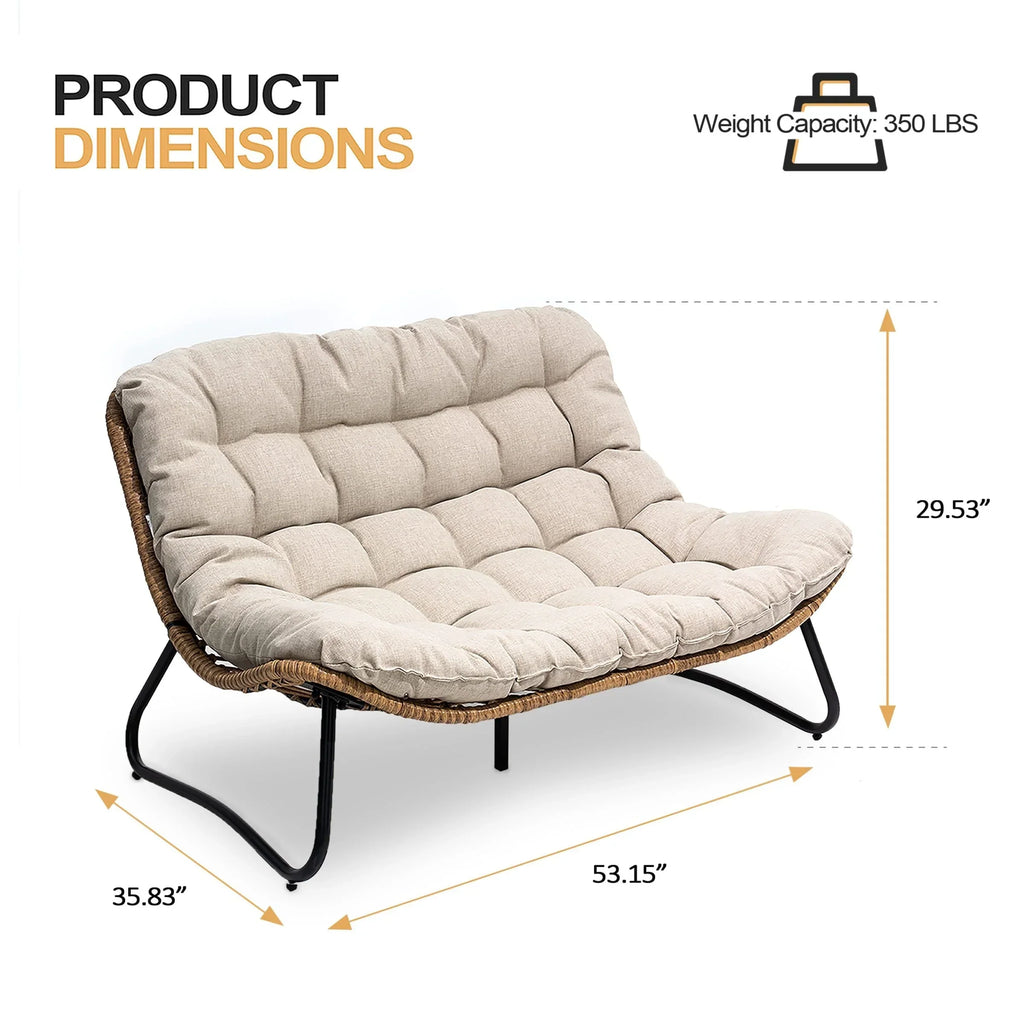 Doppelter Papasan-Sessel als Loveseat mit Kissen, wetterfestes PE-Rattan und Metallgestell für drinnen und draußen
