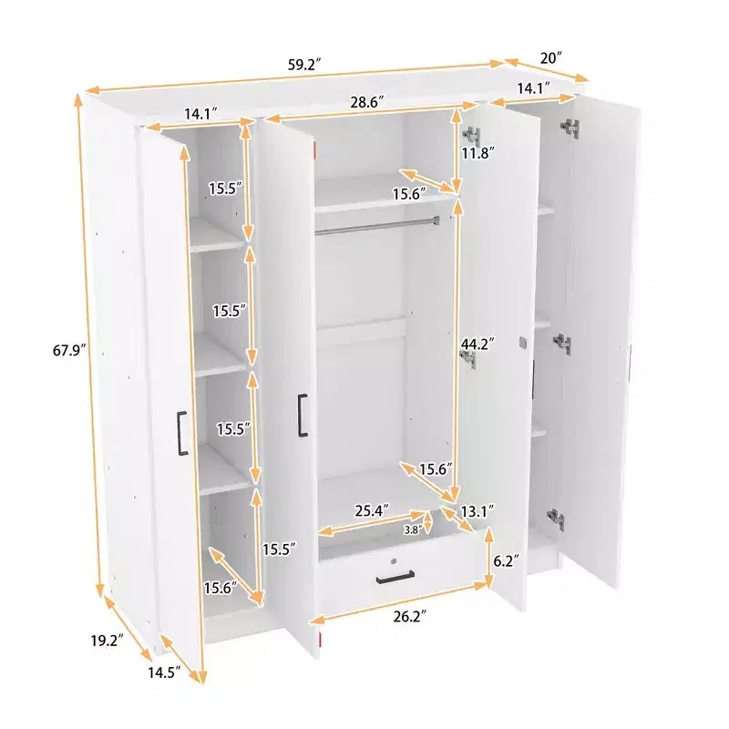 Guarda-roupa de madeira com 4 portas, varão para cabides, 1 gaveta e prateleiras de arrumação