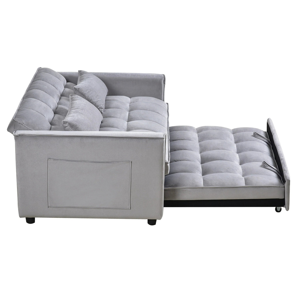 Sofá-cama moderno extensível, sofá-cama 3-em-1 com encosto ajustável, sofá de dois lugares em veludo, almofadas e bolsos laterais