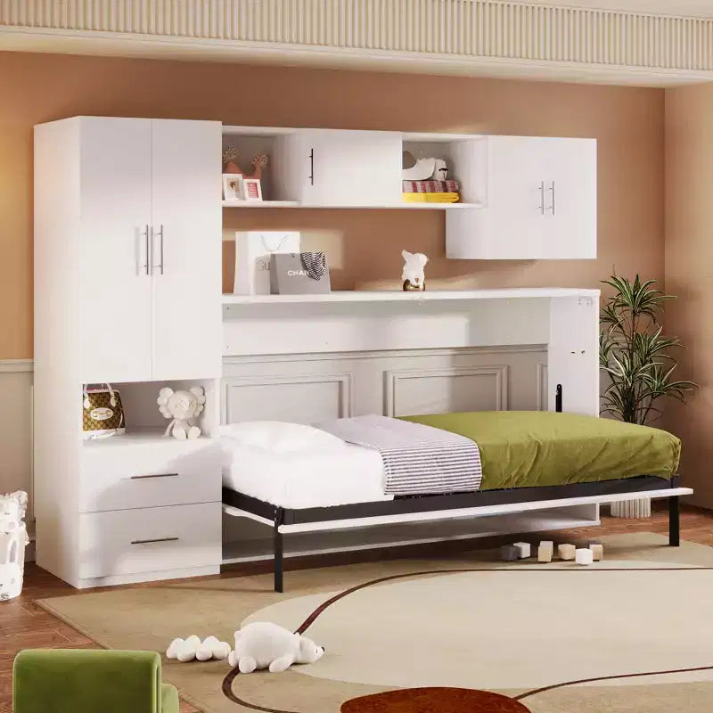 Cama escamoteável de solteiro com estrutura de cama de parede, armário de madeira com roupeiro integrado, gavetas de arrumação e prateleiras abertas, branco -ModernLuxe