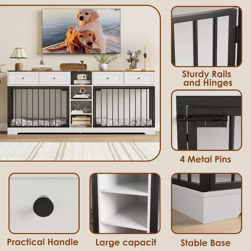 82 Casota de mobiliário para dois cães, canil grande para interior, casota de madeira resistente para 2 cães com suporte para TV, 4 gavetas e prateleiras