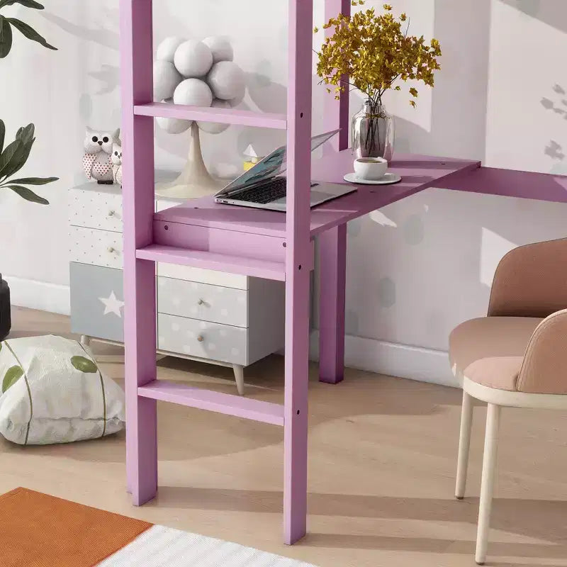 Lit mezzanine minimaliste Okak avec échelle, lit mezzanine double en bois d'hévéa avec barrière de sécurité et bureau intégré, cadres de lit pour enfants et adolescents