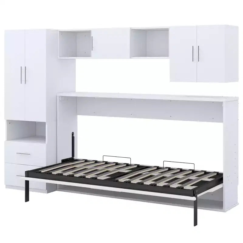 Cama escamoteável de solteiro com estrutura de cama de parede, armário de madeira com roupeiro integrado, gavetas de arrumação e prateleiras abertas, branco -ModernLuxe