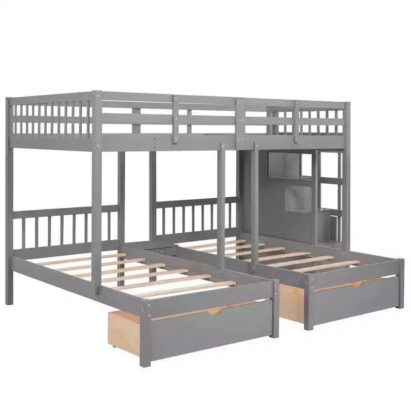 Cama em beliche Whisen Full sobre Twin & Twin, cama tripla de madeira com gavetas e guardas de proteção