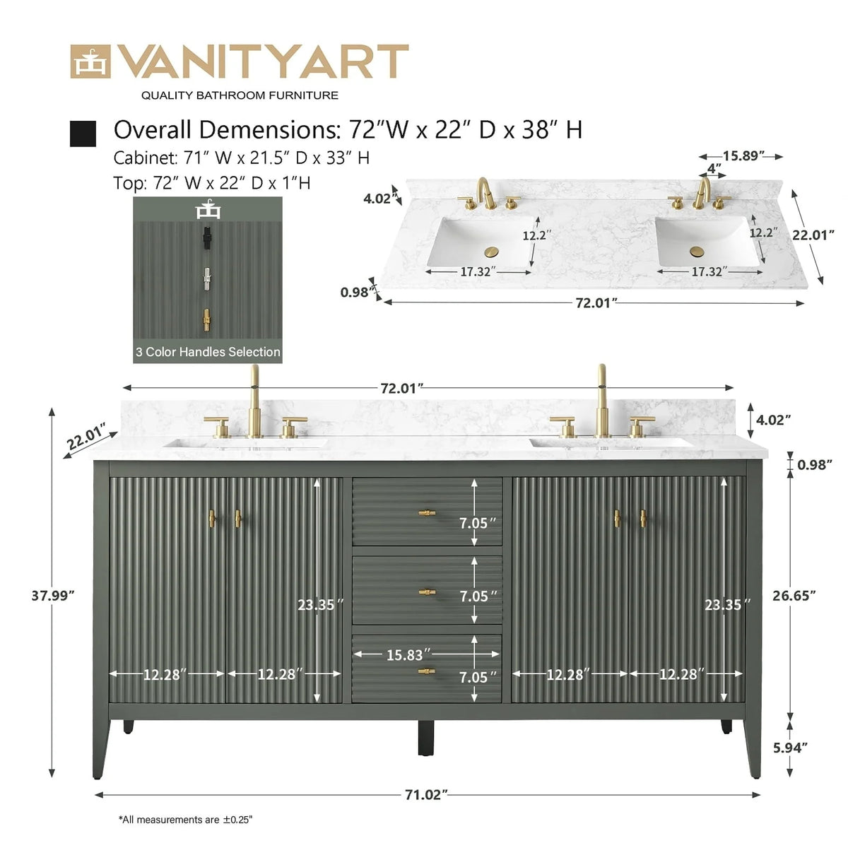 Mobile bagno Vanity Art 72 con doppio lavabo e piano in marmo composito
