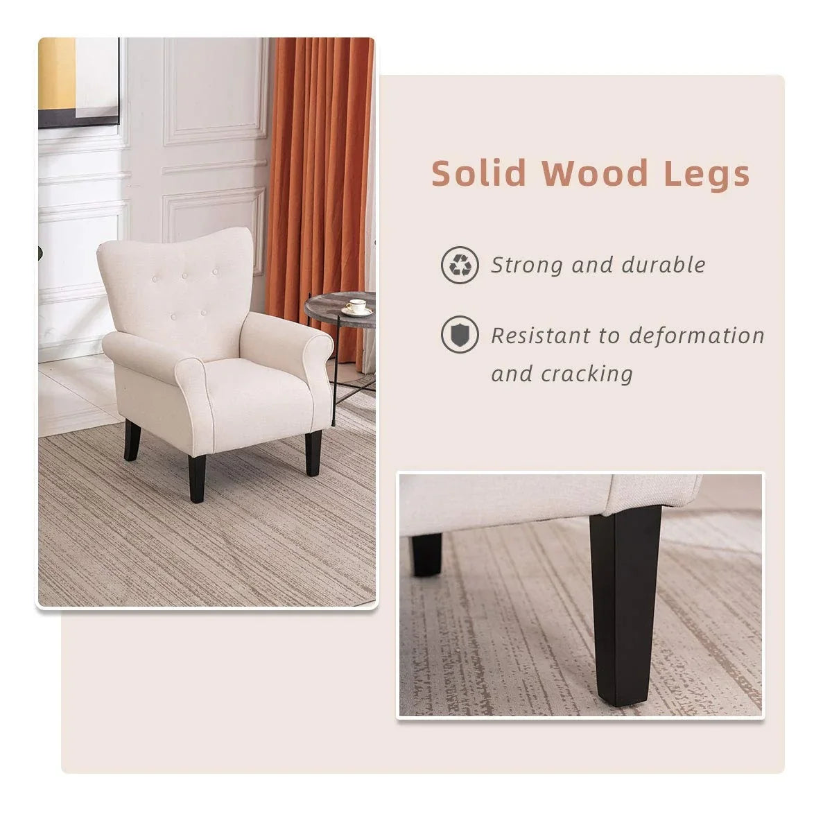 Fauteuil d’appoint moderne Erommy, fauteuil à dossier haut, canapé une place en tissu rembourré avec boutons et pieds en bois pour le salon