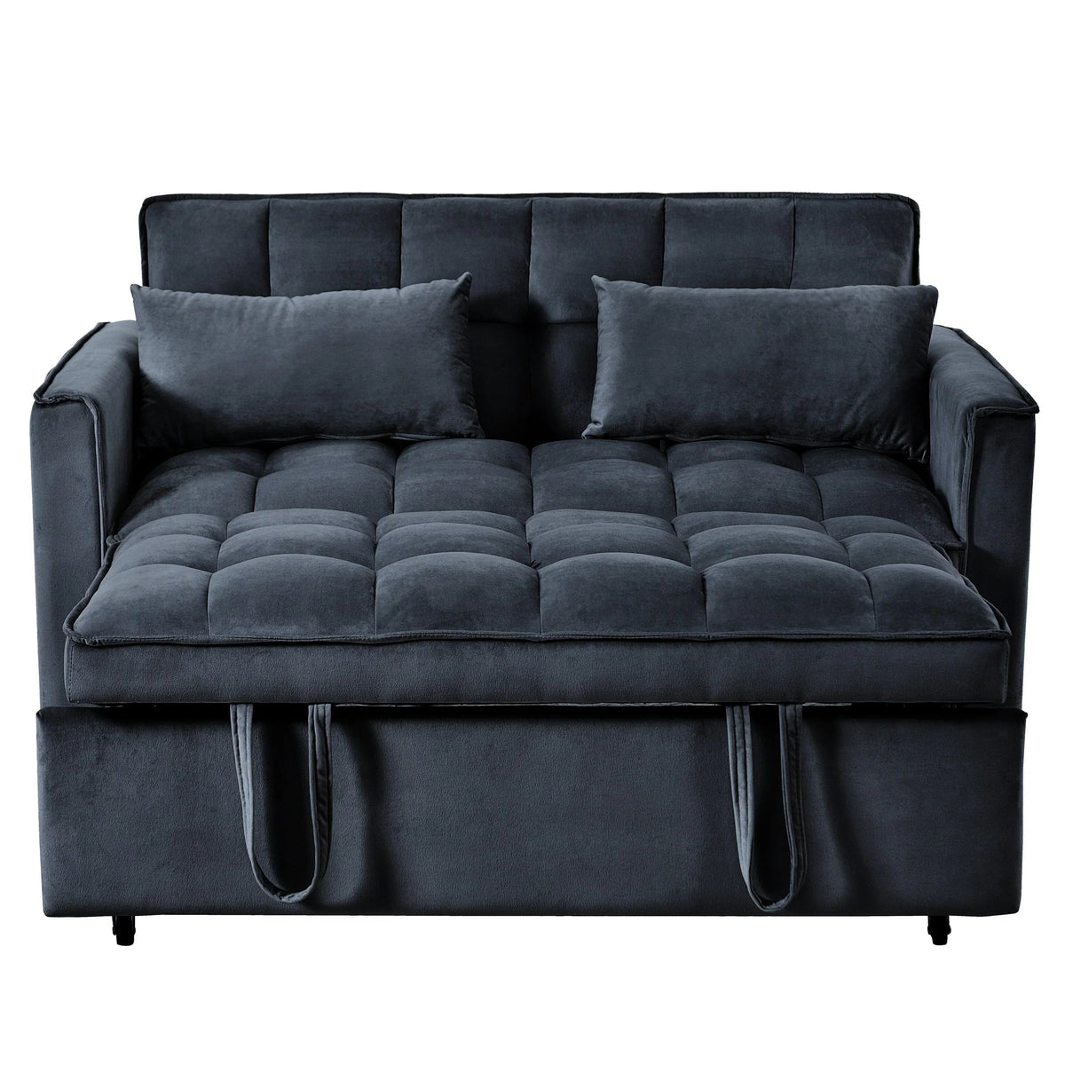Sofá-cama moderno extensível, sofá-cama 3-em-1 com encosto ajustável, sofá de dois lugares em veludo, almofadas e bolsos laterais