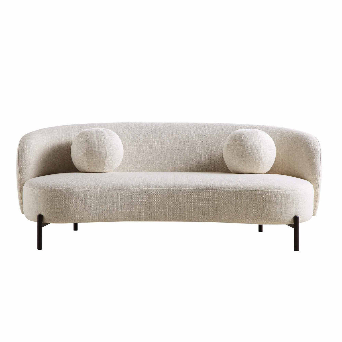 Canapé incurvé 3 places avec coussins ronds, mélange de lin beige