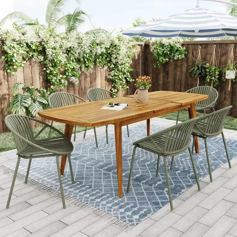 Set da pranzo da patio esterno espandibile, 7 pezzi, con sedie impilabili e tavolo in legno di acacia