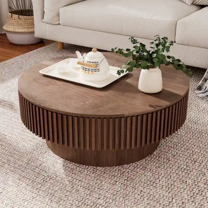 Tavolino rotondo moderno in legno massello impiallacciato con contenitore, da caffè o da tè